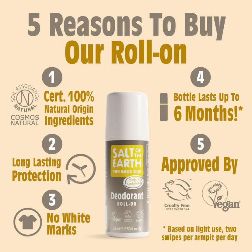 Salt Of The Earth Roll On Deodorant - Amber & Sandalwood 75ml