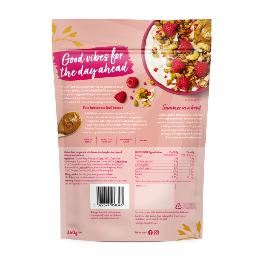 Just Live A Little Raspberry, Coconut &Cashew Granola 360g