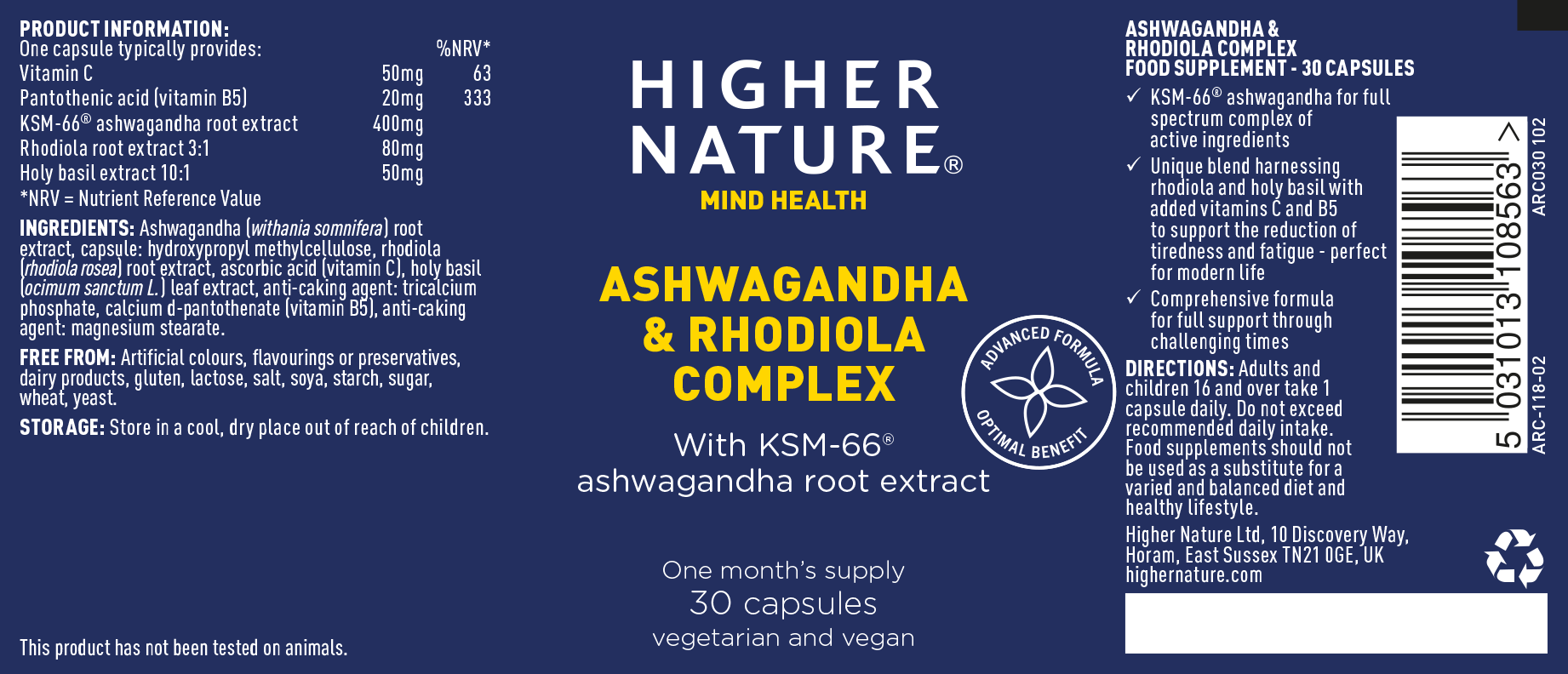 Higher Nature Ashwaganda & Rhodiola 30 Capsules - MicroBio Health
